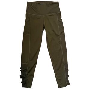 Olive Green Fitness Athleisure Capri Leggings w/Mesh Panels, Lacing Sz Small